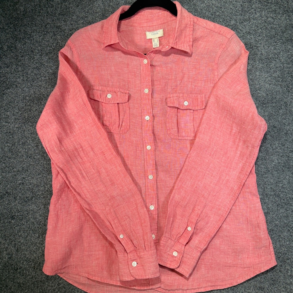 Lands' End Canvas 1963 Linen Button Front Shirt Women Medium Pink Long Sleeve